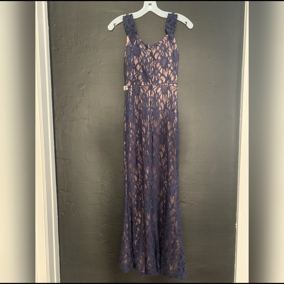 Long Navy Blue and Beige Dress - Picture 2 of 4